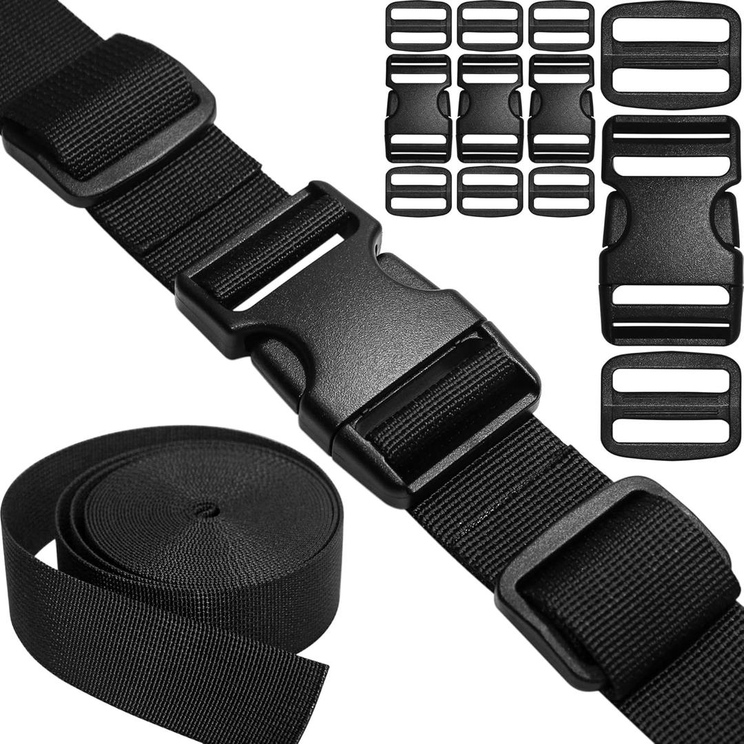 Nylon Straps 1-1/4 inch Wide with Buckles and Slides: 6 Yard of 1.25" Webbing, 4 Pack Side Release Buckle, 8 pcs Tri-Glide Slider, Heavy Duty Plastic Clip Quick Fastener Replacement Dual Adjustable