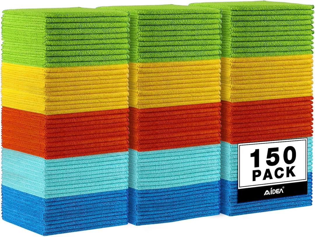AIDEA Microfiber Cleaning Cloth, 150PK, Microfiber Towels for Cars, Premium All Purpose Car Cloth, Lint Free Rags, Absorbent Towels for SUVs, House, Kitchen, Window, 12"12" (Yellow Blue Green)