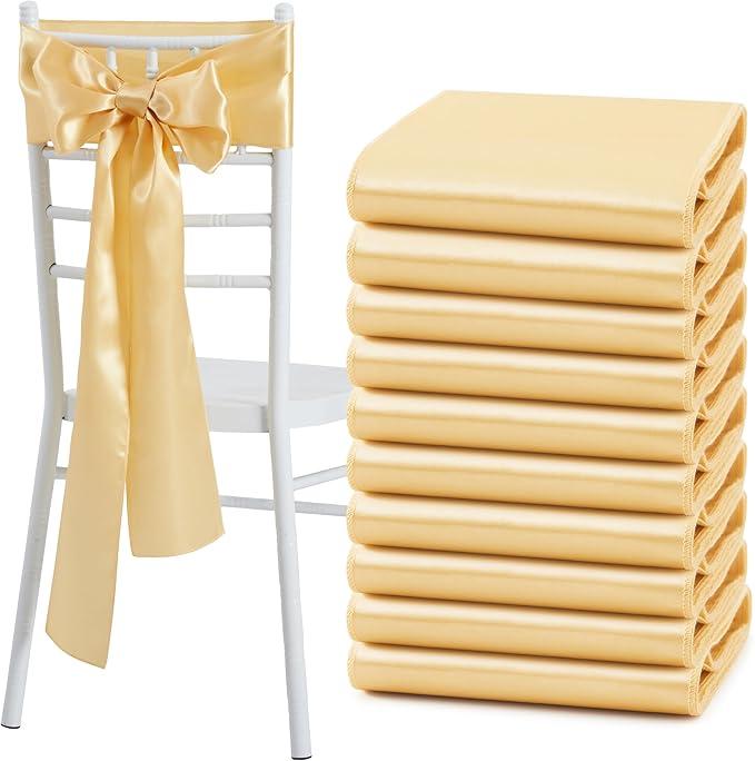 10 Pcs Gold Satin Chair Sashes Bows Universal Chair Cover for Wedding Reception Events Banquets Party, Hotel Event Decorations, 6 x 108 inch