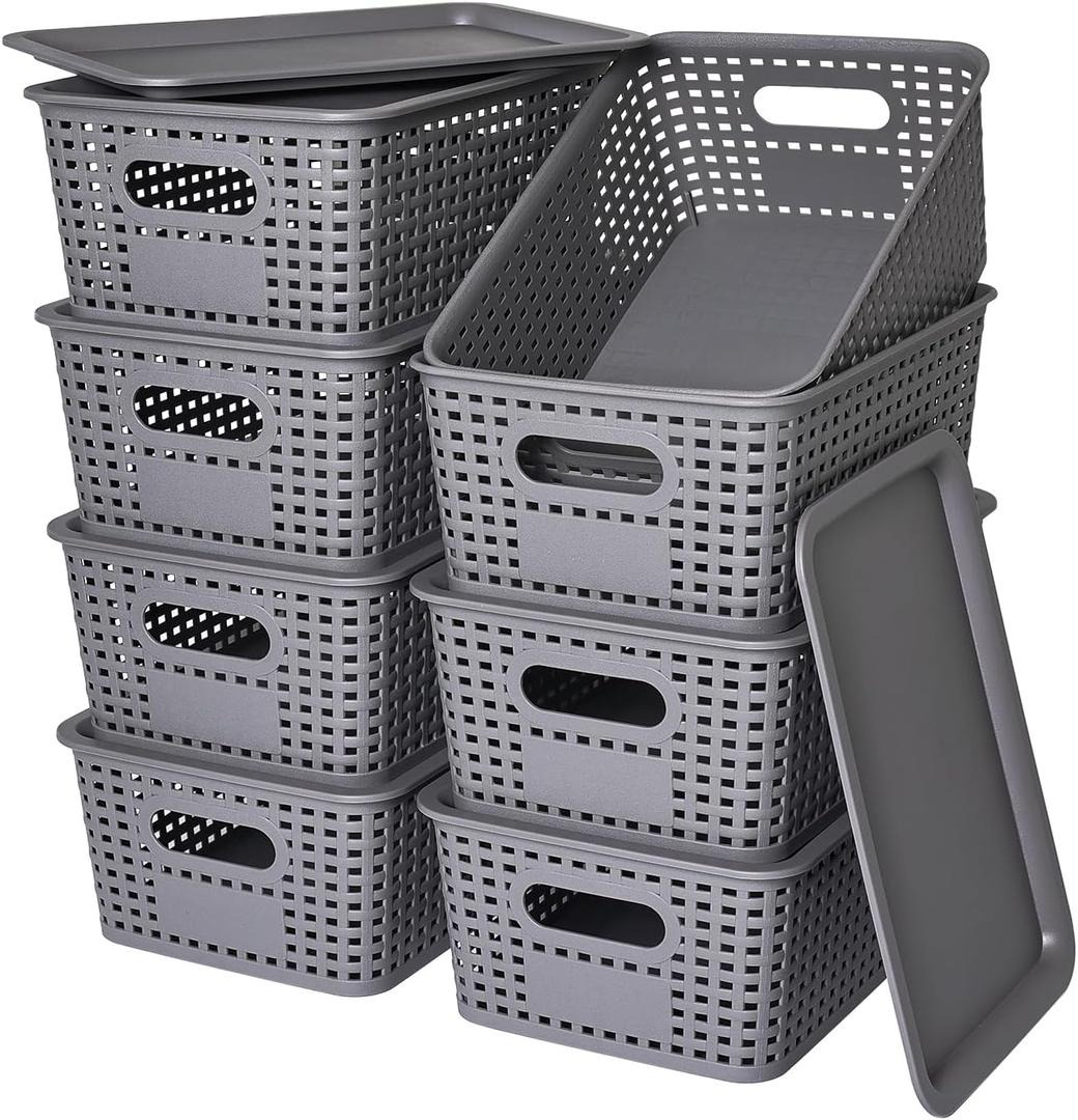 Plastic Storage Baskets with Lid-Plastic Storage Containers Stackable Storage bins: Storage Baskets for Organizing Shelves Drawers Desktop Closet Playroom Classroom Office, 8Pack-Gray,10.2x7.2x4.1Inch