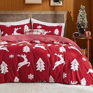 Bedsure Fluffy Christmas Comforter Set Queen - Red Bedding with Running Reindeer, Warm Flannel Fleece Bed Sets for Winter, 3 Pieces, 1 Soft Plush Shaggy Comforter with 2 Pillowcases