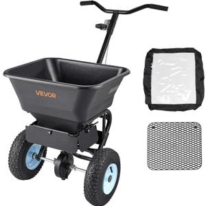 VEVOR Broadcast Spreader, 100LBS Capacity, Walk-Behind Push Spreader, 0-9.8ft Spreading Width, 13 in All Terrain Pneumatic Tires, Fertilizer Spreaders with Hopper Grate, for Seed Salt Ice Melt (White hubs + black components)