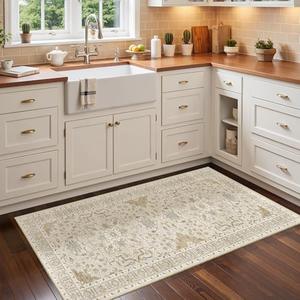 Madane Washable Area Rug 2x4, Small Entryway Rug Non-Slip Vintage Door Mat Indoor Entrance, Low Pile Floor Carpet Runner for Inside Front Door Kitchen Entry Laundry, Beige/Blue