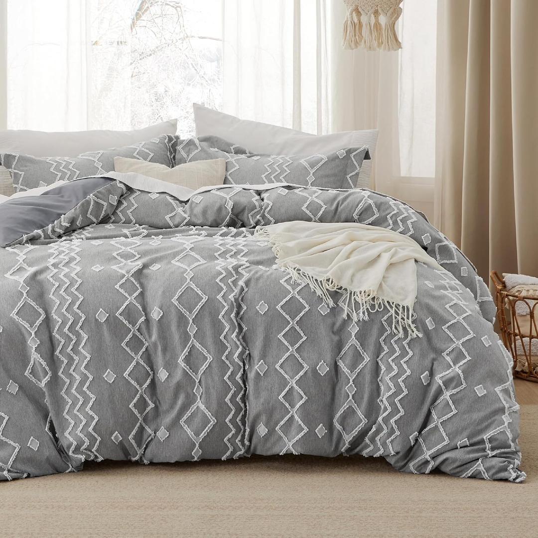 Bedsure Boho Duvet Cover Queen Size - Cationic Dyed Tufted Duvet Cover Set, 3-Piece Shabby Chic Boho Bedding for All Seasons (Dark Grey, 90" x 90") (Queen (90" x 90"), 18 - Dark Grey - Tufted)