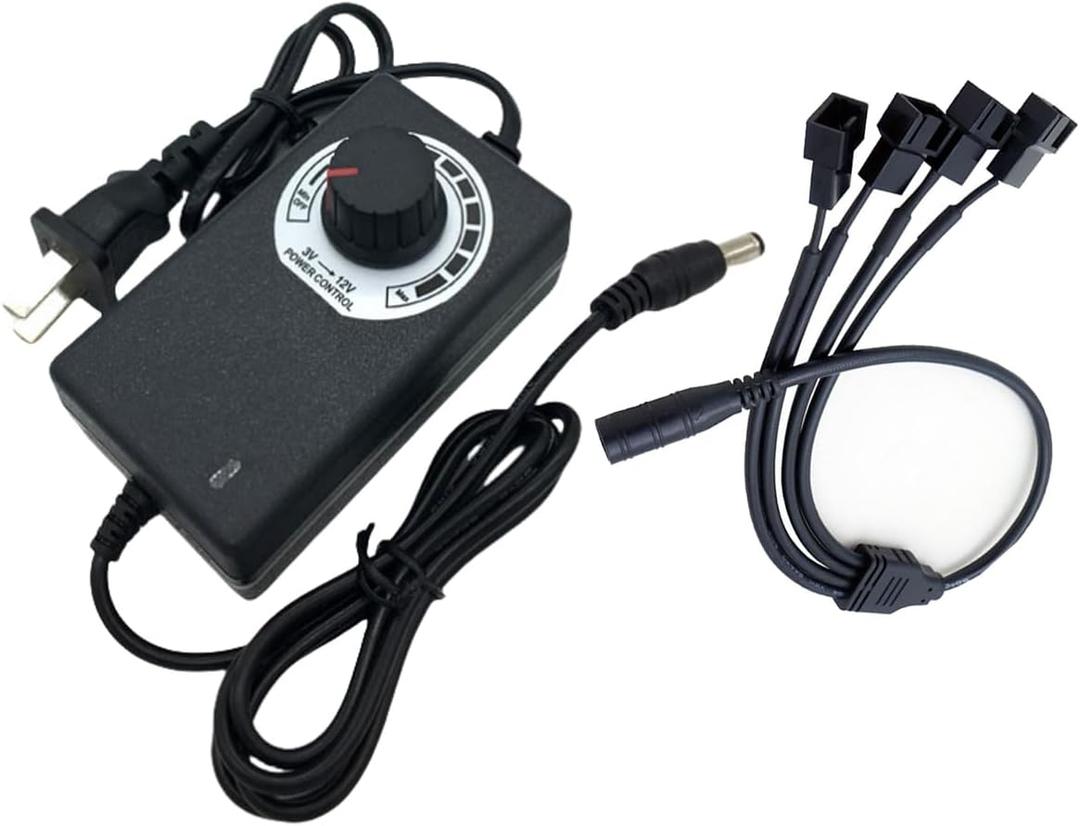 12V PC Fan Speed Controller, Fan Power Supply 100-240V AC to 3-12V DC 36W Adjustable, with Fan Splitter Cable 4X 3pin or 4pin Connector AC DC Adapter