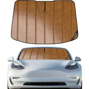 Pigenius Windshield Sun Shade for Tesla Model 3 2018-2026, Model Y 2020-2025 Old Body Style, Custom Front Window Sunshade - Leather