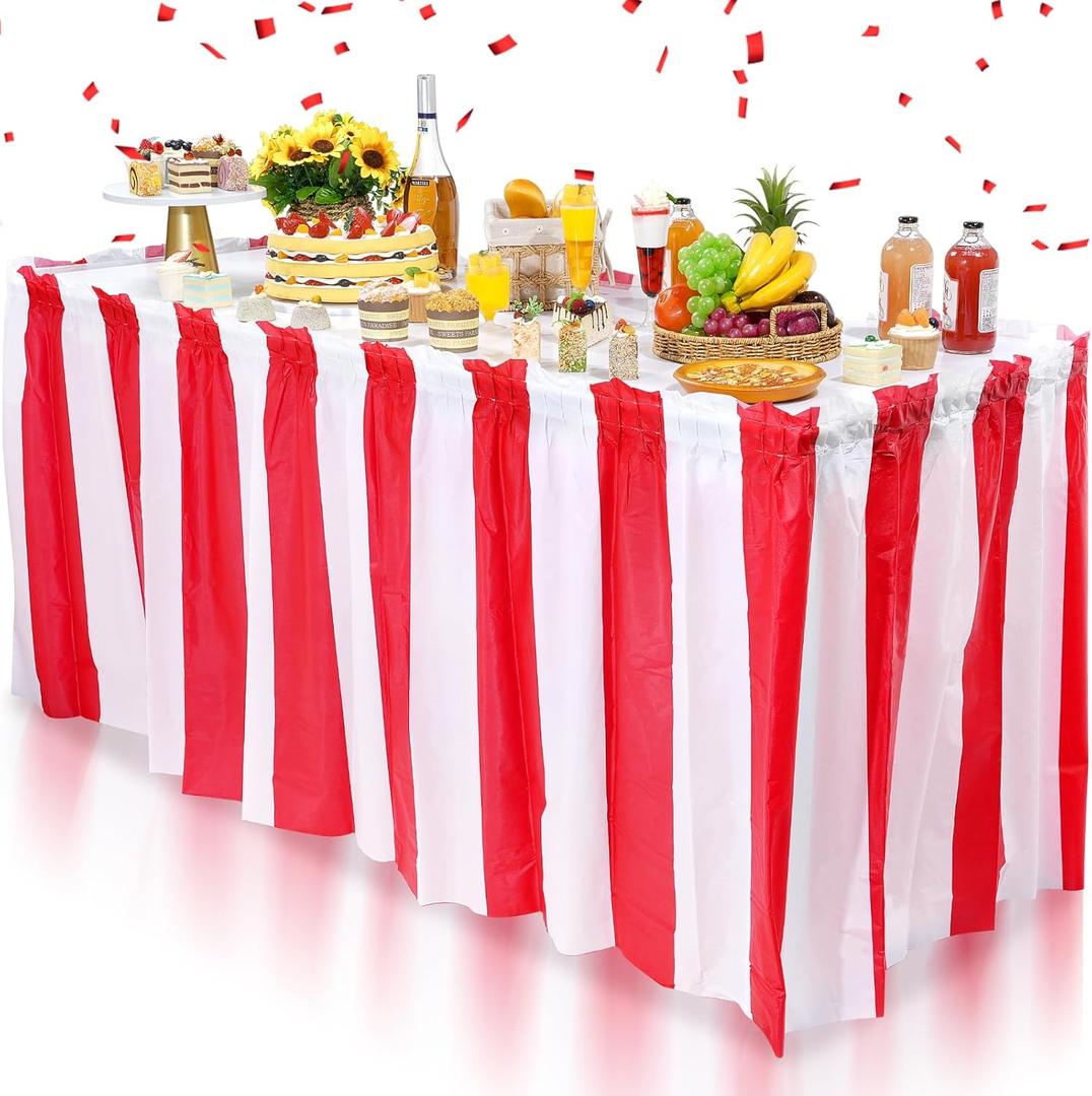 2 Pack Carnival Table Skirt Party Decorations, Red and White Striped Table Skirts, Disposable Table Decorations for Concession Stand Carnival Circus Themed Party Supplies Decorations, 2.4 x 14 Ft