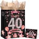 Rumia Rose Gold 40th Birthday Gift Bag with Happy 40th Birthday Greeting Card and Tissue Paper for Women Rose Gold 40 Years Old Gift Wrap Bag for Christmas 40 Bday Party Decorations Supplies