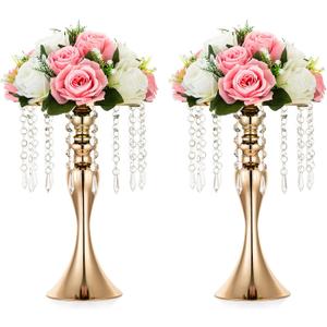 Nuptio 2 Pcs Versatile Metal Flower Arrangement Stand, 13.8in/35cm Height Elegant Wedding Centerpieces Flower Vase, Crystal Flower Stand for Wedding Party Dinner Event Restaurant Hotel Decoration (Gold)