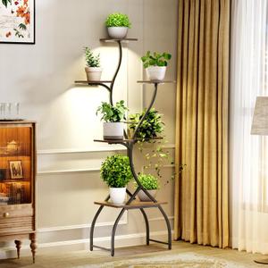 Plant Stand Indoor with Grow Lights, 6 Tiered Plant Shelf with Tree-Shaped Design, Tall Plant Stand for Multiple Plants, Metal Plant Flower Display Shelves, Corner Plant Holder for Home, Patio (Rustic Brown-I)