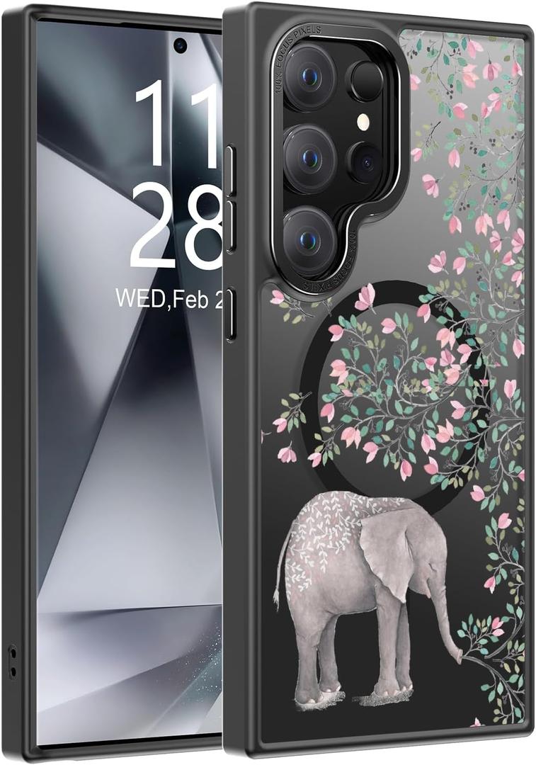 Goodon for Galaxy S25 Ultra Case, Wireless Charging Compatible, Shockproof Translucent Matte Cover - Cute Floral Design Phone Case for Women Girls - Elephant Flowers