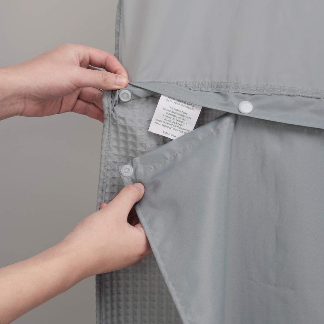 No Hook Snap in Fabric Replacement Liner with Magnets 70" x 54" - Removable & Detachable to Wash, Use for Hotel Style Shower Curtain - Gray, 70x54