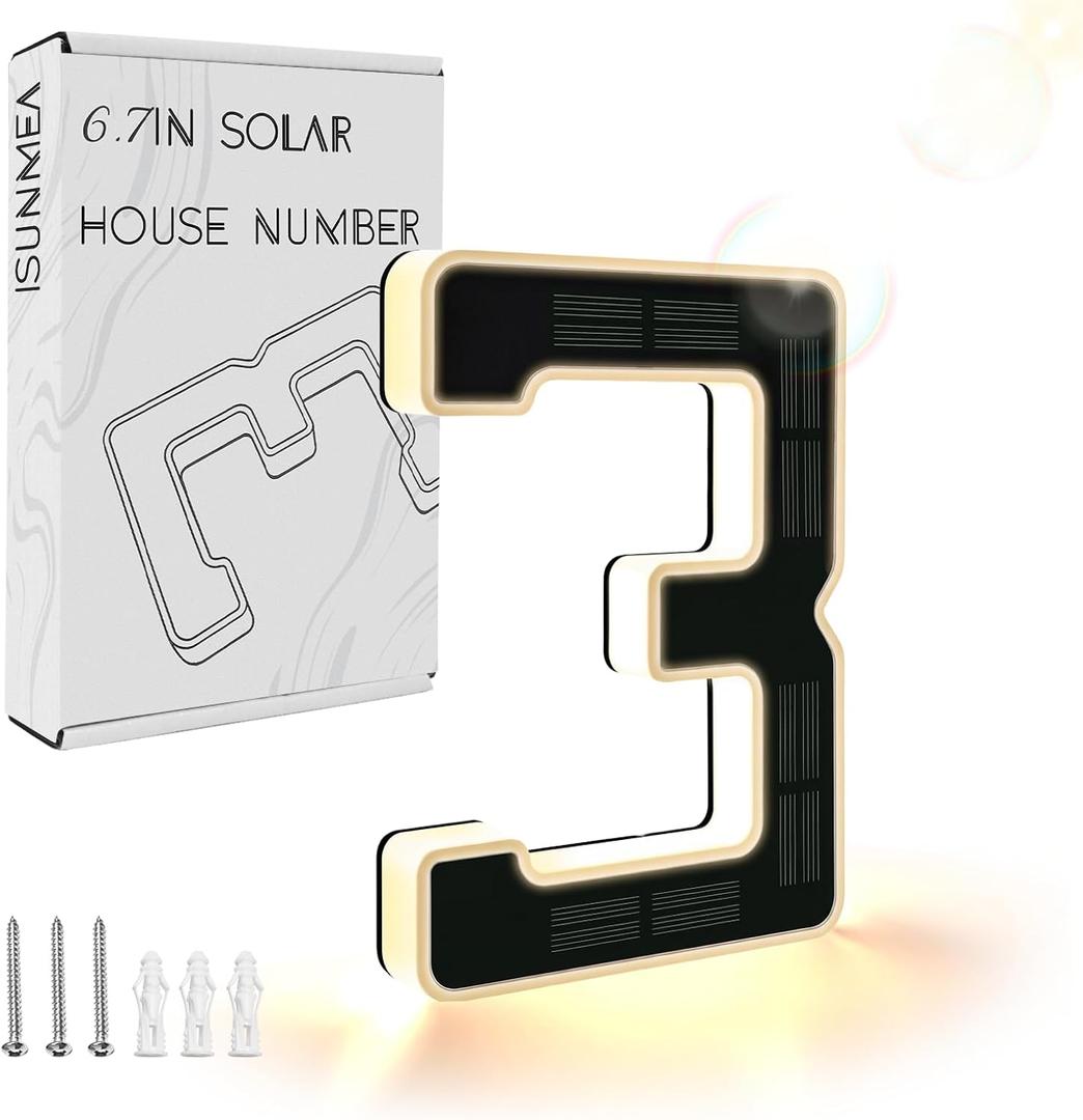 ISUNMEA 6.7 Inch Solar Lighted House Numbers for Outside, Light Up Waterproof LED Address Signs for Houses, Backlit Illuminated Exterior Modern House Numbers Light (3-Black, 6.7IN)