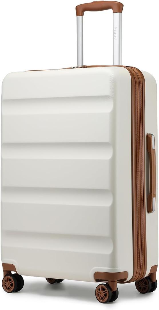 Kono 24 Inch Expandable Spinner Luggage with Wheels Hardshell Medium Checked Suitcase TSA Lock Cream White