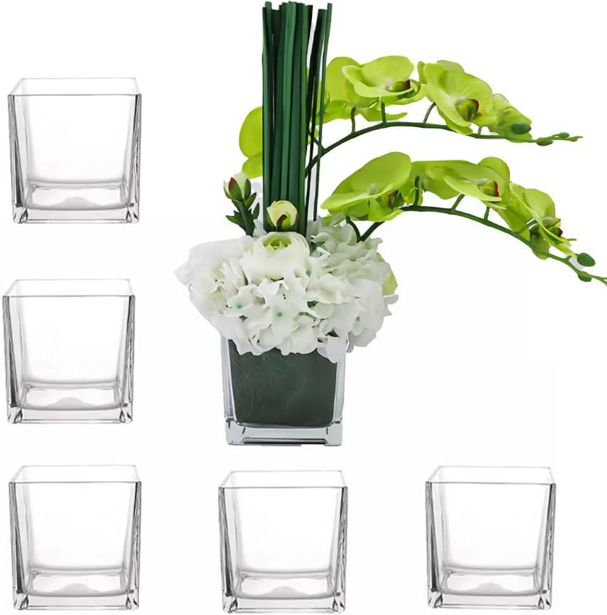 Set of 6 Square Glass Vases 4"4"4",Clear Flower Vase,Candlestick,Suitable for Wedding Centerpieces Home Floral DecorationFlower Decoration for VariousParty Events