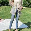 Women's Oversized Sheer Mesh Blouses Floral Embroidery Collared Shirts Long Sleeve Tops Fall Outfits (Beige, L)