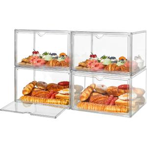 4 Pcs Bread Boxes for Kitchen Countertop, Large Bread Storage Container, Pastry Display Case Stackable Bread Keeper for Bread, Bagel, Muffins
