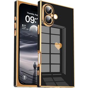Tzomsze Compatible with iPhone 16 Plus Case,Camera Protection Cute Heart Pattern & Electroplate Reinforced Corners Shockproof Edge Bumper Case for Women Girls 6.7 Inch-Black