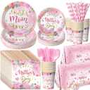 LemonRoad 452 Pcs Mother's Day Decoration for 50 Guests, Pink Gold Floral Happy Mother's Day Paper Plates Napkins Cups Tablecloth Cutlery Straws Disposable Tableware for Best Mom Ever Party Supplies