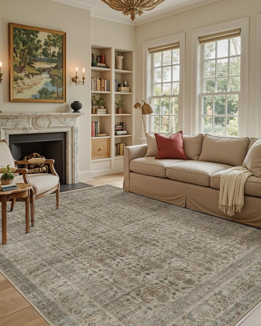 Color&Geometry 4x6 Machine Washable Low Pile Small Area Rugs for Living Room, Thin Soft Bohemian - Vintage Area Carpet with Non Slip TPE Backing for Bedroom, Dining Room, Beige and Brown
