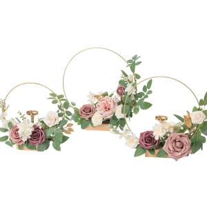 Ling's Moment Candle Holder Hoop Wreath Floral Centerpieces for Sweetheart Table, Head Table, Ceremony Reception Artificial Flowers Decorations (Set of 3, Mauve & Dusty Rose)