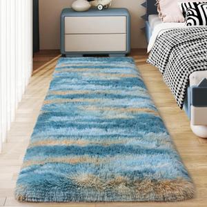Soft Runner Rugs for Bedroom Hallways, 2x6 Abstract Blue Fluffy Shag Throw Area Rug Non Slip for Bedside Dorm, Long Shaggy Furry Carpet for Nursery Living Room