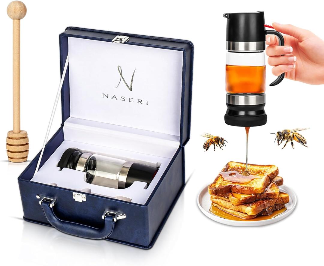 Glass Honey Dispenser with Wood Dipper Stick - No Drip Bottom Spout, Easy Pouring for Kitchen Convenience. Multipurpose for Syrup & Salad Dressing. Luxury Case for Gift & Storage