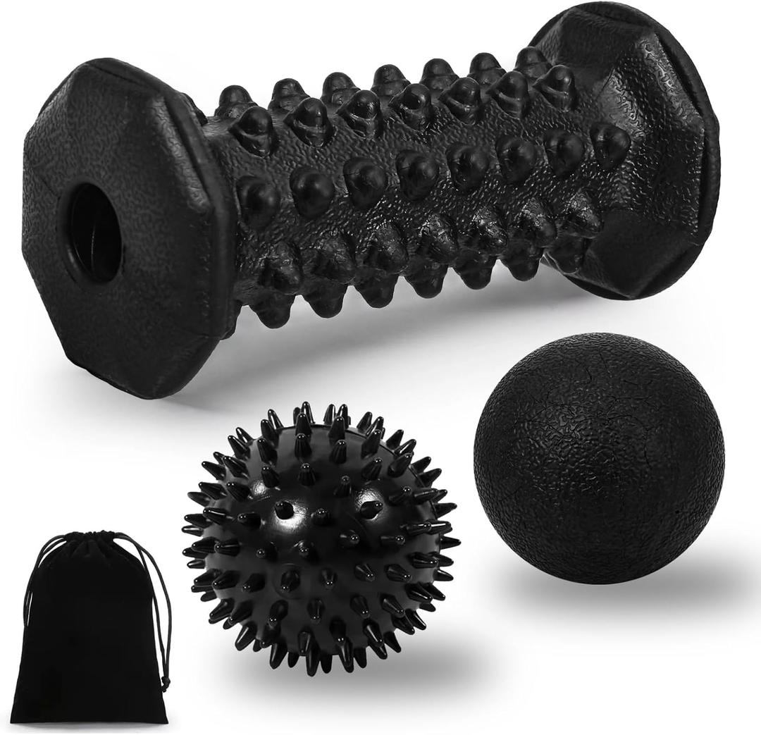 Plantar Fasciitis Relief,Foot Roller Massager,Massage Lacrosse Ball,Spiky Ball Therapy Set for Relieve Plantar Fasciitis,Foot Arch and Heel Pain,Neuropathy Pain Relief Feet,Deep Tissue Muscle Massage (Black Combination)
