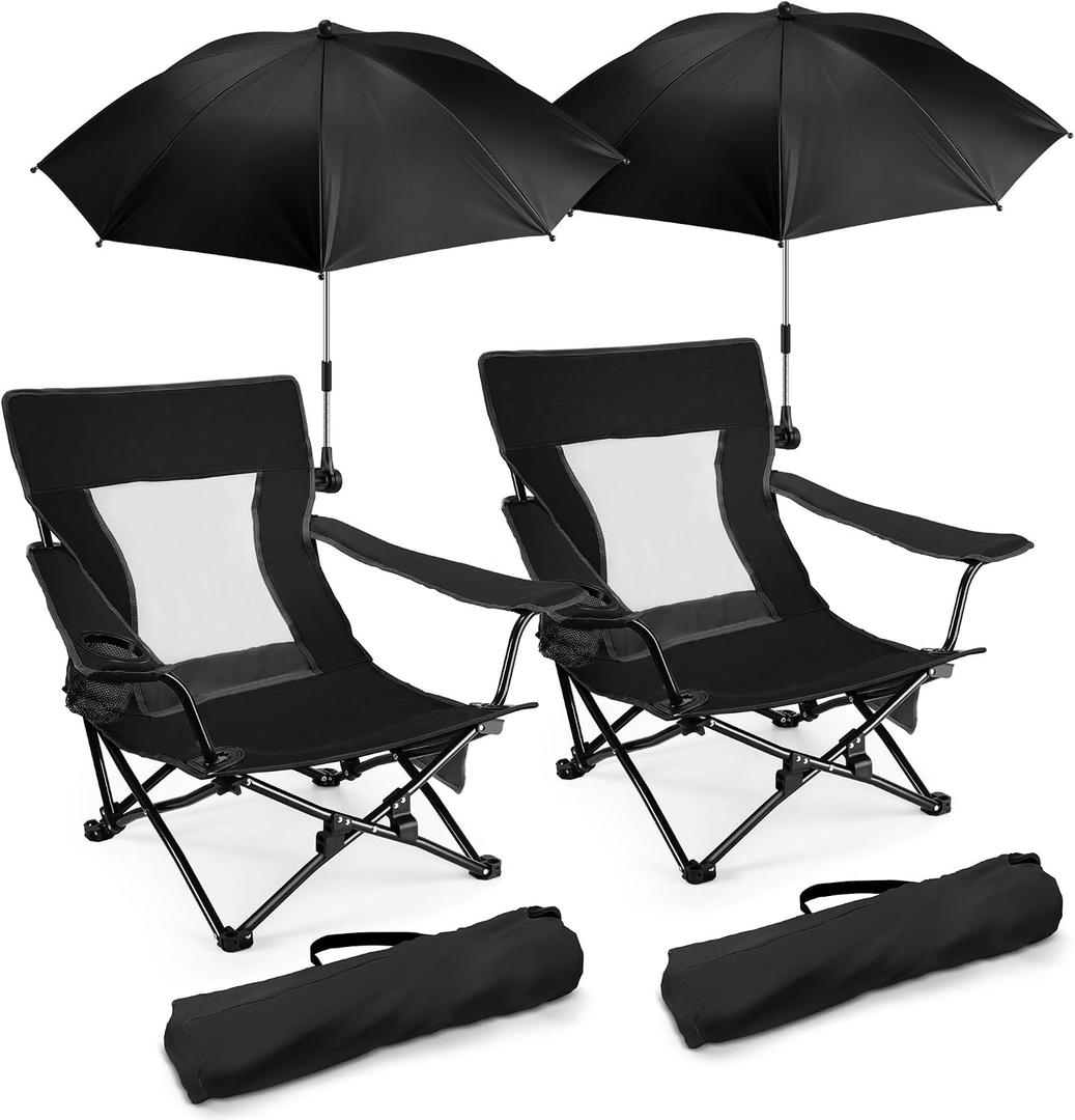 Joyfair Beach Camping Chair with Umbrellas, 2 Pack Outdoor Folding Low Camp Chairs for Adults, Heavy Duty Portable Chair with Umbrella for Outside Fishing, Lawn, Sport, Cup Holder & Carry Bag (Black)