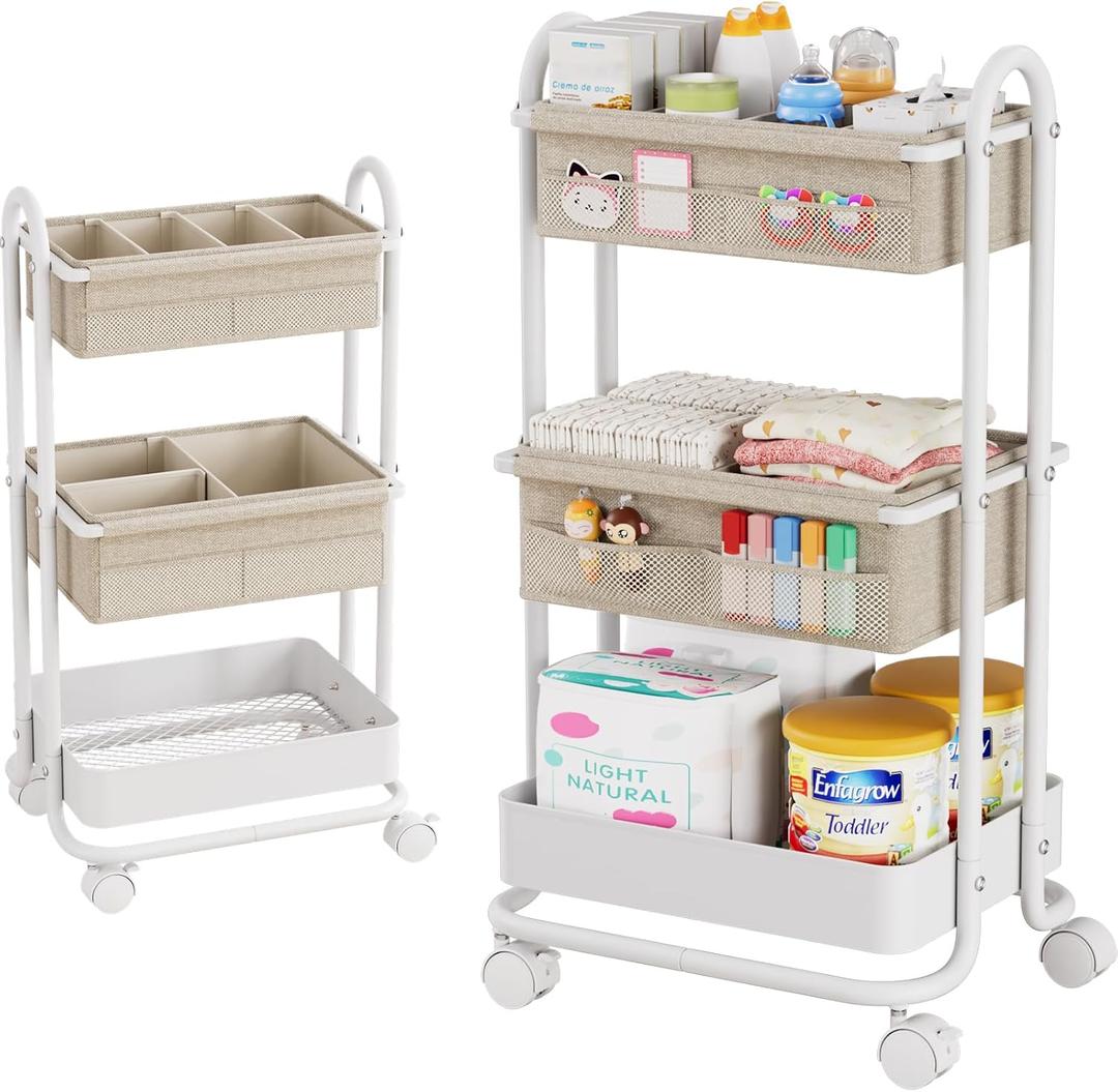 Baby Diaper Caddy Organizer Cart - 3 Tier Rolling Storage Cart with Wheels, Baby Essentials Nursery Storage, Detachable Dividers - for Crib, Bedroom, Art & Craft Organizer (Off White)
