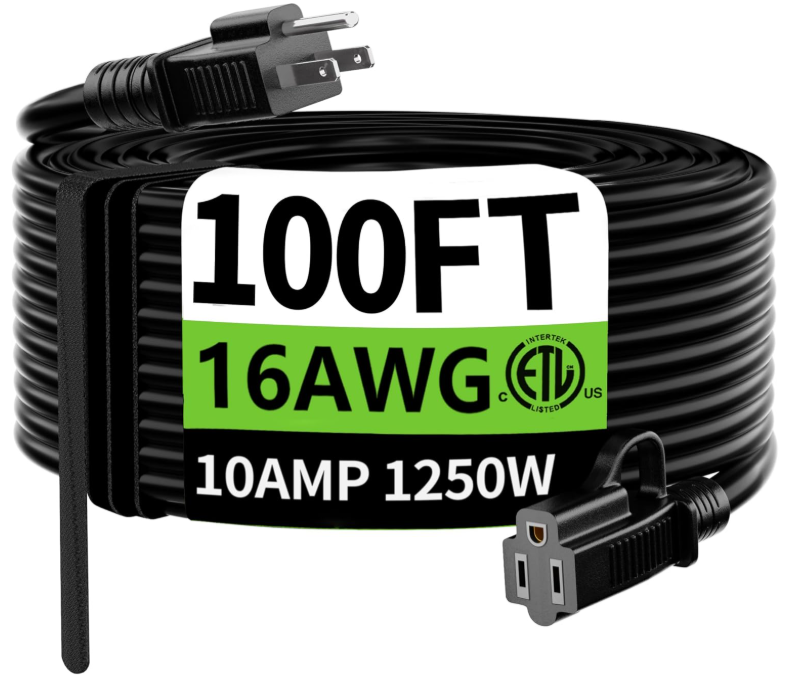 HUANCHAIN Indoor Outdoor Black Extension Cord 100 ft Waterproof, 16/3 Gauge Flexible ColdResistant Appliance Extension Cord Outside, 10A 1250W 16AWG SJTW, 3 Prong Electric Cable, ETL