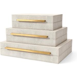 BAALTTO RUNYAO Kingflux Faux Ivory Shagreen Leather Set of 3 Pcs Decorative Boxes, Storage Boxes Jewelry Organizer, Men's Accessory Organizer (Ivory)