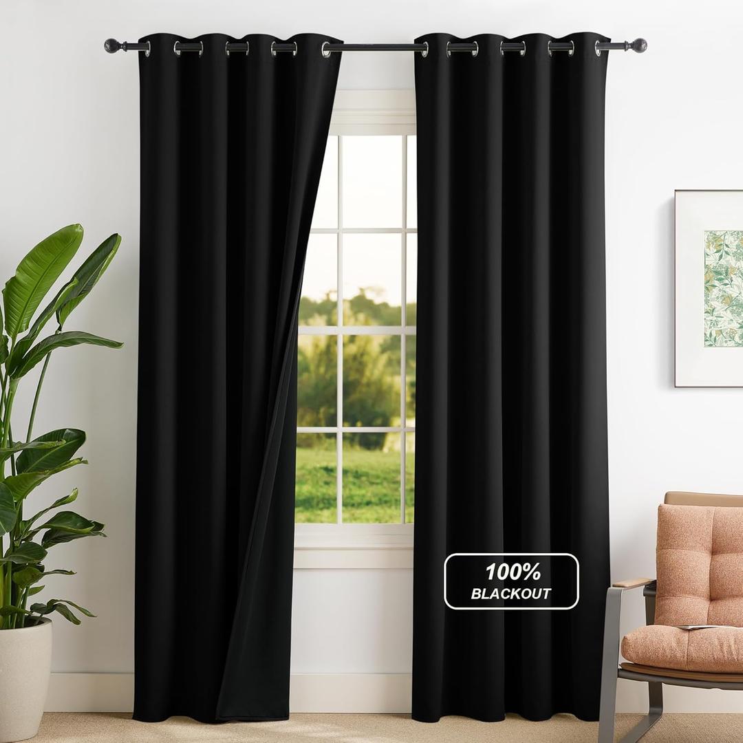 NICETOWN 100% Blackout Curtains for Bedroom, Room Darkening Plylux Black Curtains 84 Inch Long Thermal Insulated Grommet Window Drapes for Living Room, 52" W x 84" L, 2 Panels