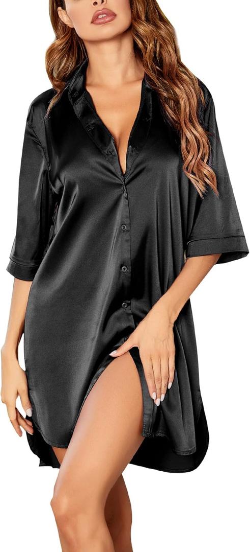Ekouaer Women's Satin Nightshirt Button Down Sleepshirt Silk 3/4 Sleeve Nightgown Boyfriend Notch Collar Sleepwear S-3XL (M)