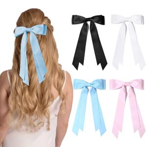 4PCS Hair Bows Hair Clips, RSWETE Stain Bow Hair Ribbon for Women Girls French Barrette Ponytail Bow Clip Hair Accessories Elegant Cute (White & Black & Pink & Blue)