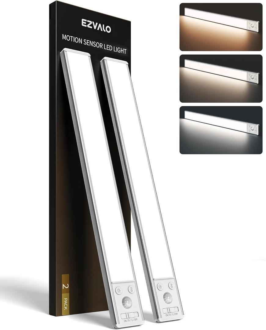 EZVALO 134 LED Under Cabinet Lights, 4000mAh Rechargeable Motion Sensor Light Indoor, Dimmable Magnetic Closet Lights with 3 Color Temps, Wireless Under Counter Lights for Kitchen, Stair (2 Pack) (14.5 inch, Silver)