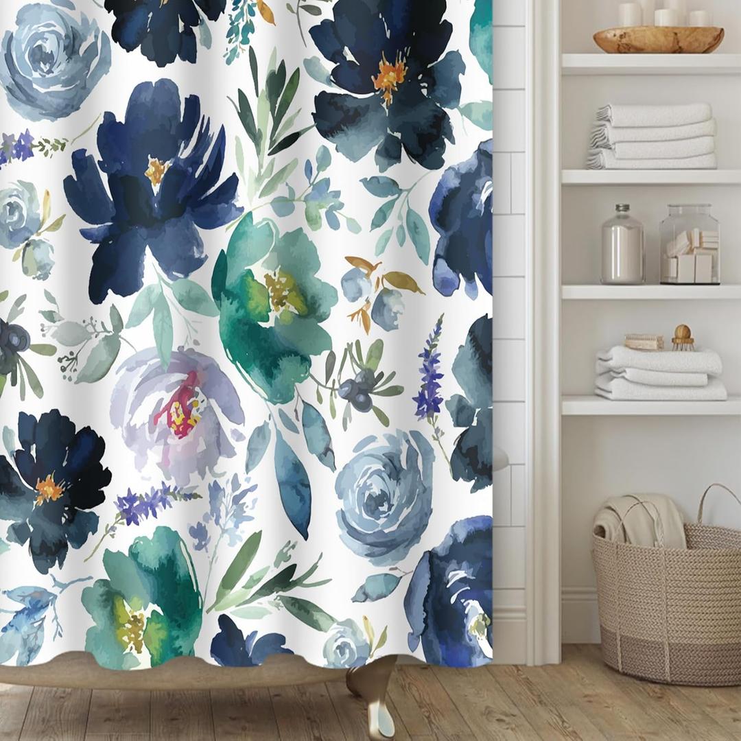 Dark Blue Flower Shower Curtain,Navy Blue Floral Shower Curtain Set for Bathroom,Blue Green Watercolor Flower Fabric Bath Curtain with Hooks, 72x72in