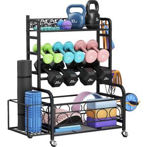 Dumbbell Rack, VOPEAK Weight Rack for Home Gym, Home Gym Storage Rack for Yoga Mat Kettlebells and Strength Training Equipment, Weight Storage Rack for Dumbbells with Wheels (Black)