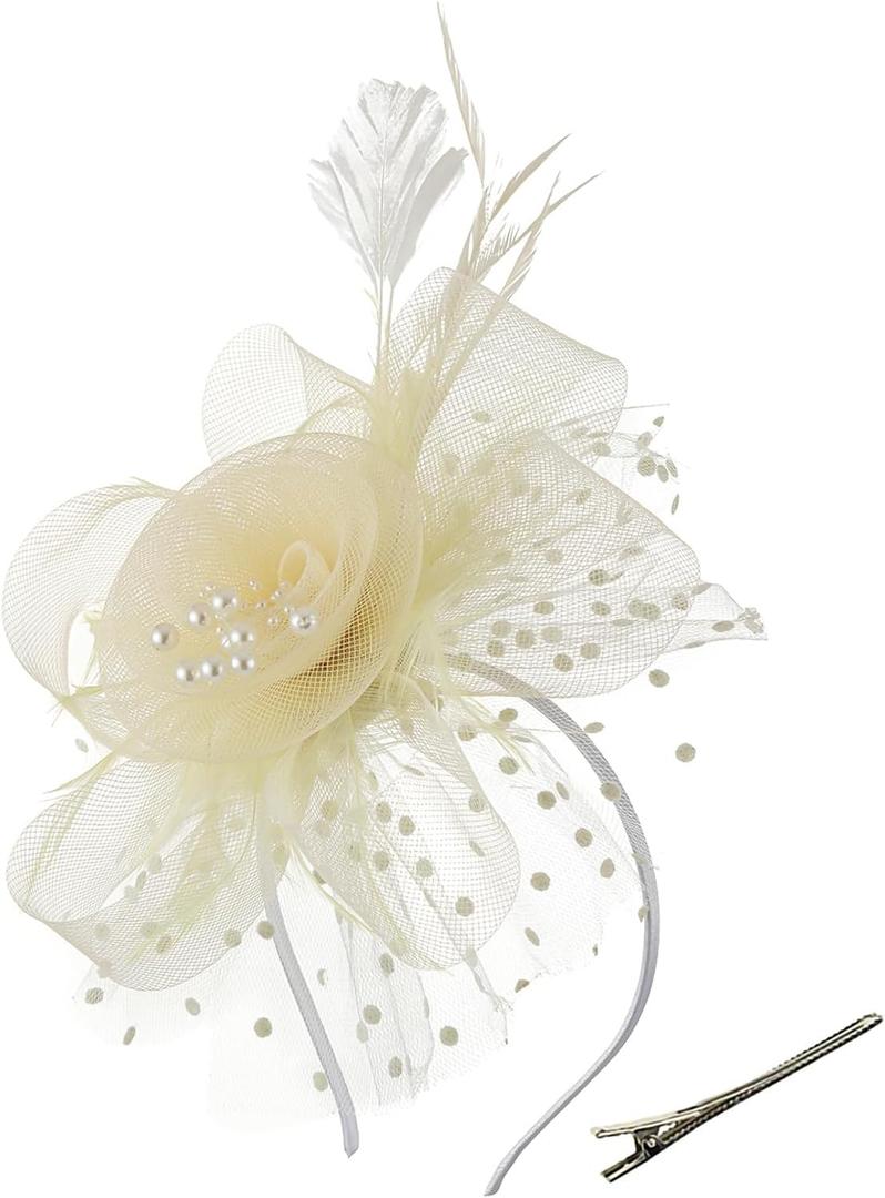 Women's Feather Mesh Flower Fascinator with Headband and Clip Wedding Tea Party Fascinator Hats for Ladies (Yellow)