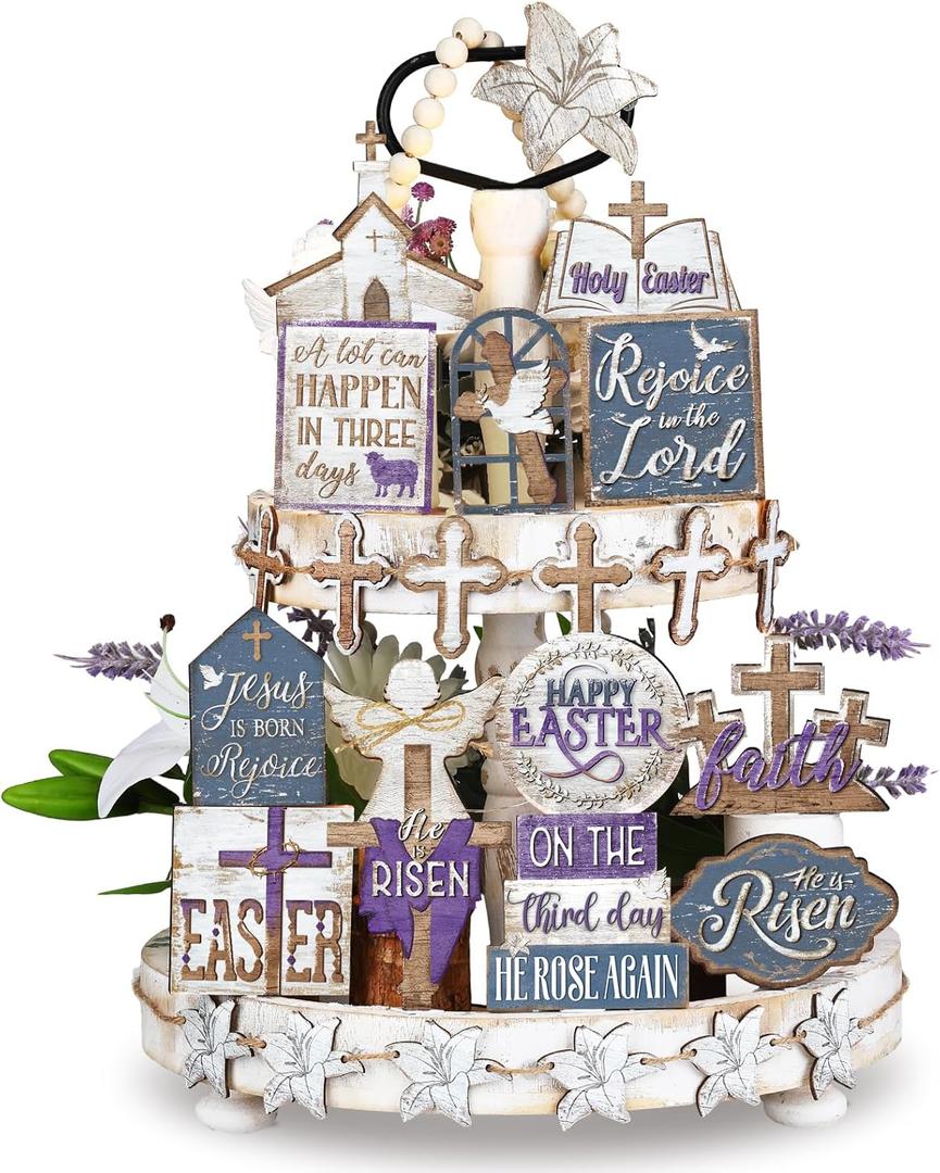 Amyhill 29 Pcs Easter Tiered Tray Decor Purple He is Risen Religious Wooden Sign Rustic Farmhouse Christian Lily Cross Block Easter Decoration for Home Table Kitchen Shelf Indoor