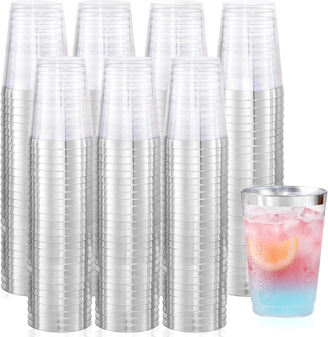 supernal 200pcs 10oz Silver Plastic Cups,Disposable Glasses Cocktail Glasses Premium Cups,Party Cocktails Tumblers,Silver Rimmed Plastic Cup for Party,Wedding, Birthday,Thanksgiving Day
