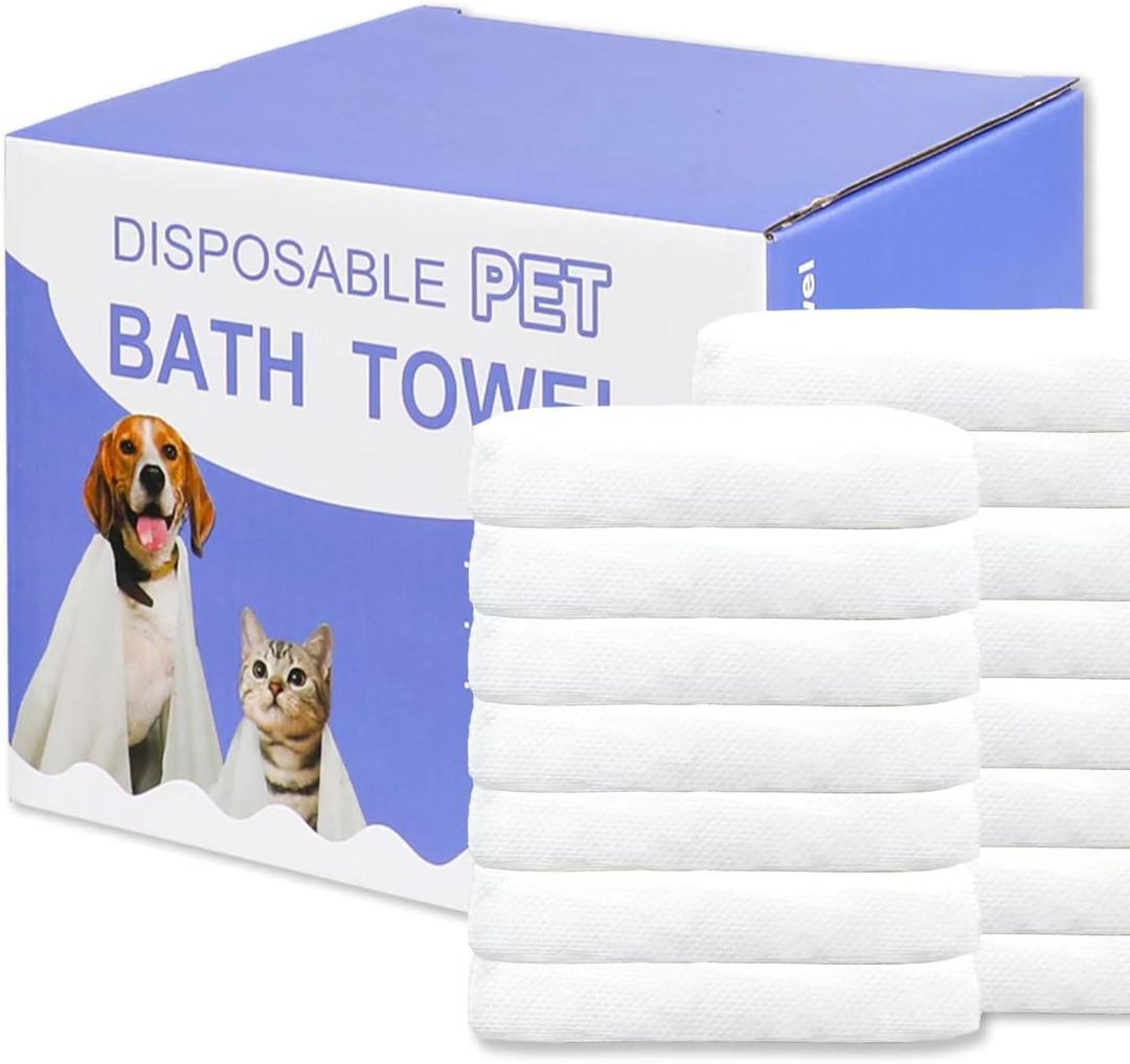 CHANHOO Disposable Pet Bath Towel,15 PCS Portable Pet Grooming Towels,11.8 x 21.6 inch Convenient Pet Cleaning Towel Pet Drying Towels,Absorbent Bath Towel for Small Dog Puppy Cat, White