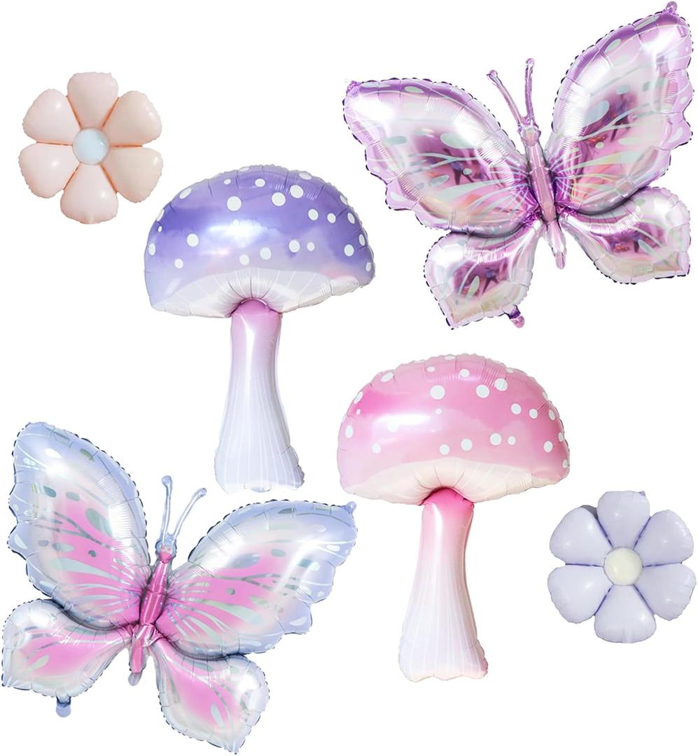 6pcs Pink Purple Mushroom Balloons Butterfly Balloons for Fairy Birthday Party Decorations Enchanted Forest Decorations Alice Wonderland Birthday Party Christmas Fairy First Birthday Decor Baby Shower