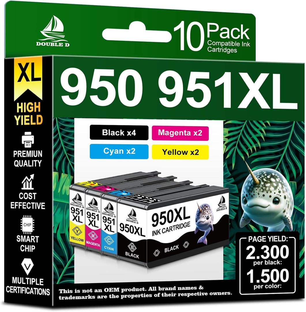 DOUBLE D 950 951XL Ink Cartridges Compatible for HP 950XL 951XL use with HP OfficeJet Pro 251dw 276dw 8100 8600 8610 8620 8615 8625 8630 Series (4BK, 2C, 2M, 2Y, 10 Pack)