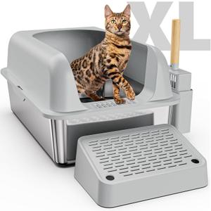 Stainless Steel Litter Box with Lid, XL Metal Litter Box for Big Cats with High Wall Slides Enclosure, Anti High-Peeing Spraying, Anti-Leakage Non-Sticky Easy to Clean