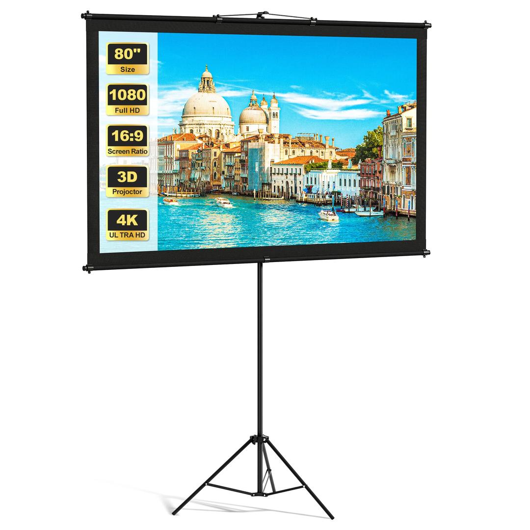Projector Screen with Tripod Stand, Easy Setup Indoor Movie Screen, Lightweight Foldable Projection Screen for Camping, Home Theater, 100in, 16:9 4K