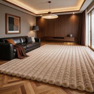 Coffee Rabbit Striped Plush Rug 6'x9', Fluffy Shaggy Area Rug for Nursery & Kids Room, Faux Fur Carpet for Girls Bedroom, Living Room, Teen Decor