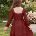 JiAmy Girls Dresses Square Neck Lantern Long Sleeve Ruched Smocked Back Double Layer Ruffle Dress (7-8 Years, Wine Red)