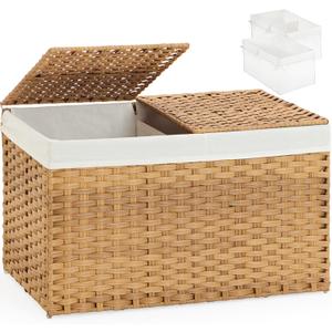Storage Basket with Lid Wicker Baskets for Storage with 2 Separate Lid 42.3 Gallon (160 L) 29.9 x 17.3 x 18.1 Inches Rattan Woven Large Wicker Basket with 2 Liners for Bedroom Laundry Natural