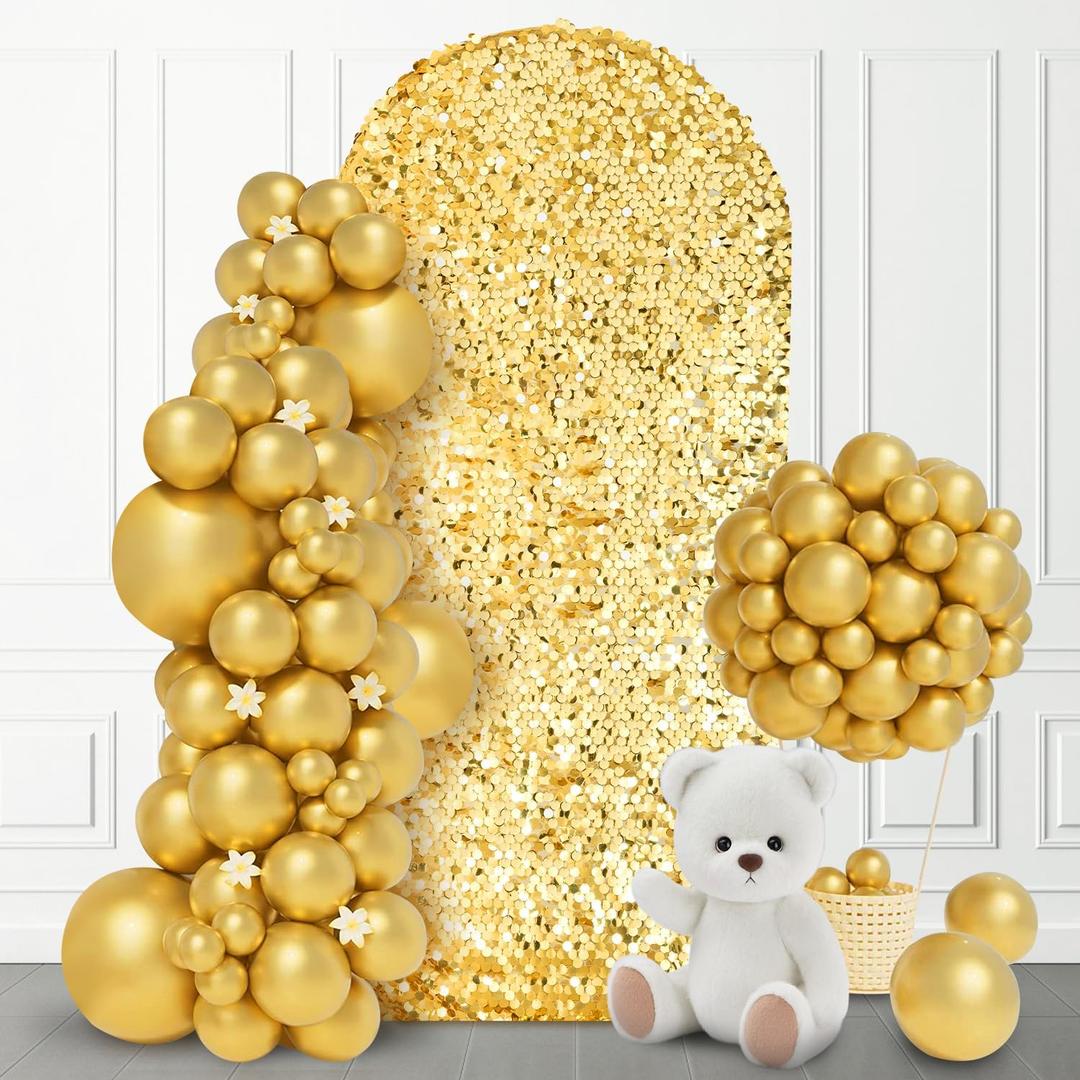 SaitiMade 6.6 FT Bling Arch Backdrop Cover, Gold Sequin Wedding Arch Stand Cover, Round Top Fitted Chiara Backdrop Cover for Birthday Party Ceremony Baby Shower Banquet Decoration